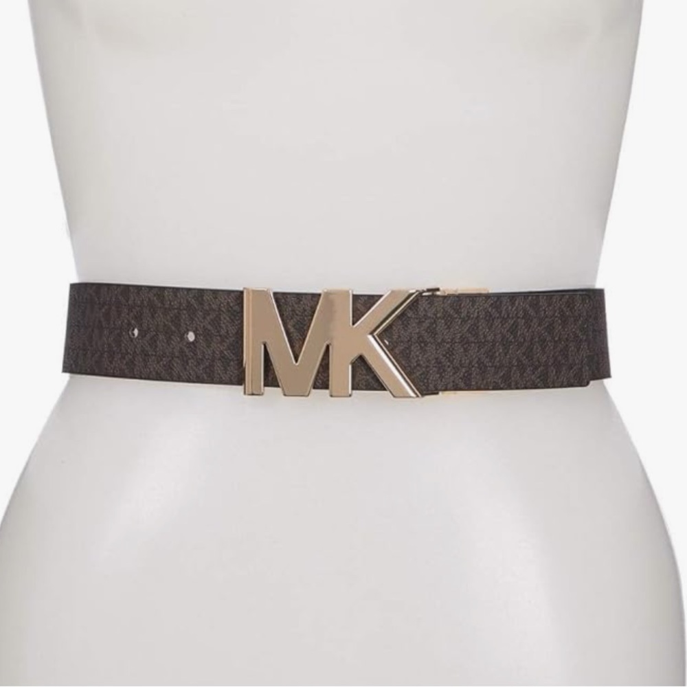 Michael Kors 38mm Leather Reversible MK Logo Plaque Buckle Belt